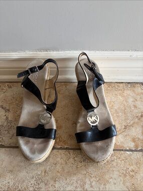 Michael Kors Black Leather MK Medallion Wedge Sandals